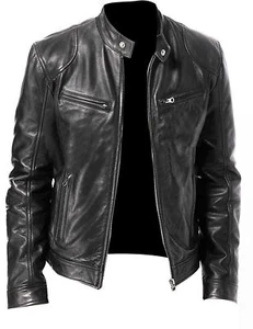 MEN'S CAFE RACER BLACK & BROWN BIKER LEATHER JACKET - Foto 1 di 5