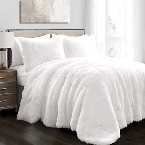 Faux Fur King Comforter Set-Ultra Soft Flannel Sherpa,3-Piece Fluffy Black/White - Picture 1 of 16