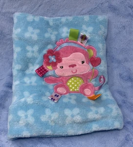 Taggies Pink Monkey Blue fleece Baby Blanket satin tags tabs flower print - Picture 1 of 3