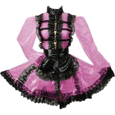 Sexy Vestido de Criada Perspectiva Volantes de Encaje Negro Transparente Bloqueable Uniforme Sissy  Foto 1 de 4