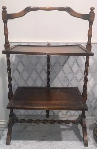 Antique Early 20th Cent Barley Twist Double Tier Folding Table 32”T 13”W 20.25”L Cover