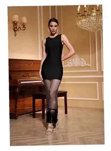 Elegant Black Bodycon Dress with Sheer Sparkle Detail & Fringe Hem - Picture 1 of 5