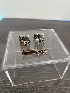 Gemelos y clip de corbata chapados en oro esmalte negro de comedia y tragedia de colección raros - Imagen 1 de 2