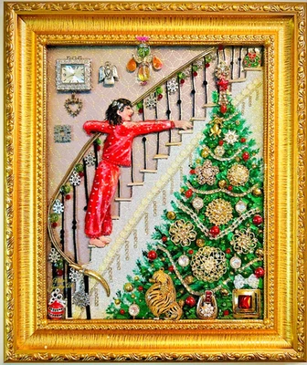 GIRL & CHRISTMAS TREE, FRAMED JEWELRY ONE OF A KIND ART, HOME DECOR, UNIQUE GIFT - Image 1 of 4