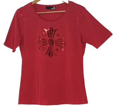 Love Moschino Size L Red Sequin Logo Short Sleeve Tee Top Designer Italy - image 1 of 4