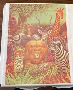 Vintage Polyester Knit Fabric Panel - Jungle Animal Painting Print 16.5” X 22.5” - Picture 1 of 8