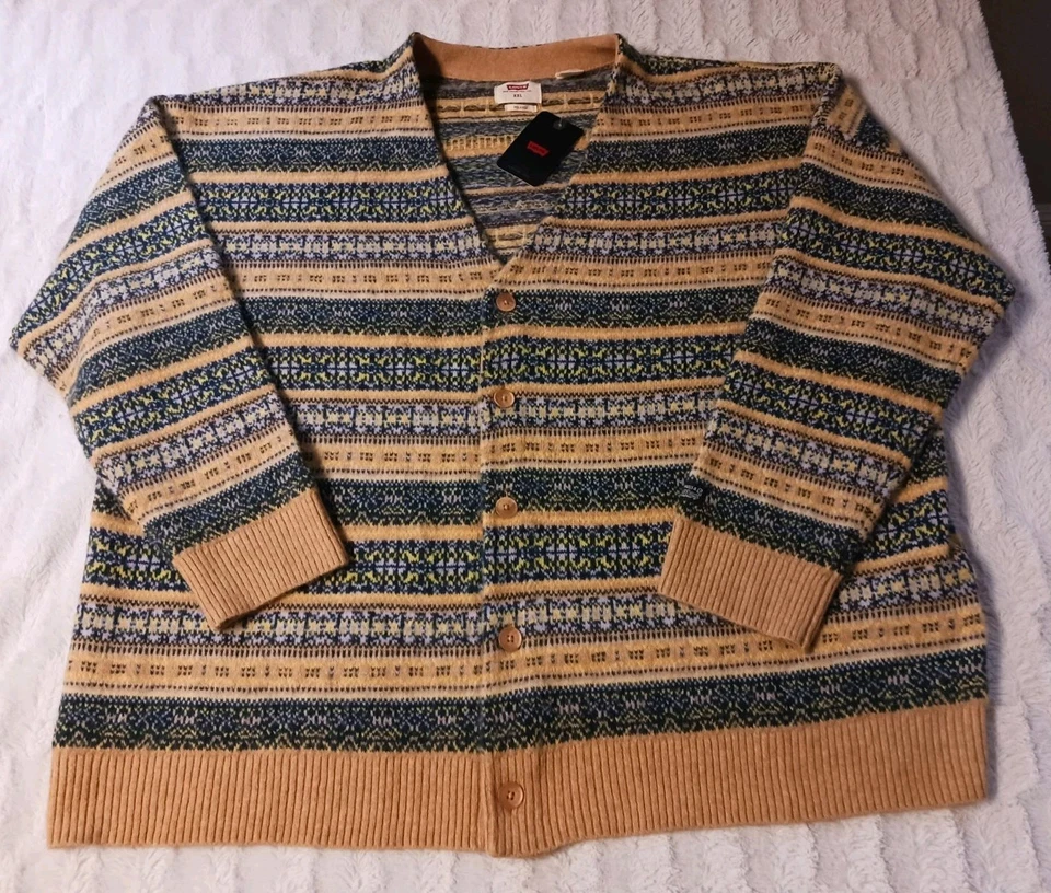 Nuevo con etiquetas Cárdigan Levis Tejido Calce Relajado Coit Cuadrado Para Hombre Talla 2XL Rayas Beige/Azul Foto 1 de 4