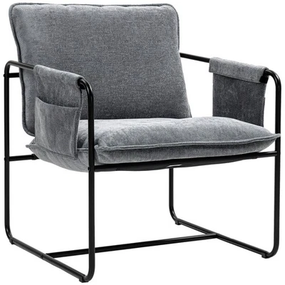HOMCOM Upholstered Reading Chair with Side Pockets and Steel Frame, Grey - Image 1 of 4