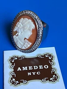 AMEDEO HAND CARVED SHELL CAMEO CHUNKY WIDE BAND SILVER TONE RING 7 7.5 MG - Picture 1 of 7