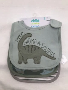 Child of Mine Carters Baby Boys Bib 3 Pack Dinosaurs Dino Green Camo Stripe NEW - Picture 1 of 12