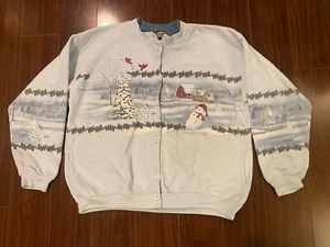 Vintage Cabelas Cardigan Sweatshirt Womens L All Over Print Snow Winter Trees - Picture 1 of 9