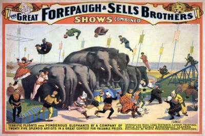 CIRCUS SHOW TERRIFIC FLIGHTS OVER PONDEROUS ELEPHANTS VINTAGE POSTER REPRO - Image 1 of 3