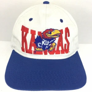 Vtg 90s Kansas Jayhawks Hat Block Script Spell Out Logo Snap Back Basketball Cap - Picture 1 of 12
