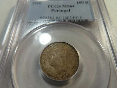 PORTUGAL , SILVER 100 REIS 1910 - PCGS MS 64 ( P1 ) , RARE - Image 1 of 2