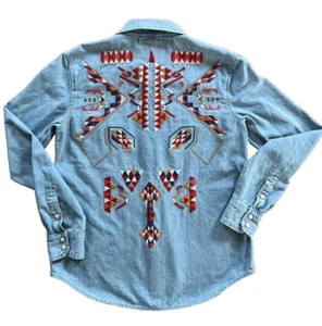 Women's MOTHER Small Pearl Snap Denim Shirt ALL MY EX'S Aztec South Western - Picture 1 of 16