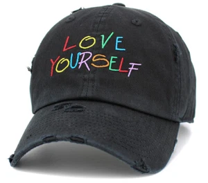 Love Yourself Vintage Adjustable Black Distressed Hat by KB Ethos - Picture 1 of 3