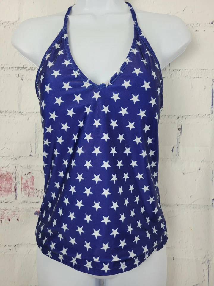 Bobbie Brooks ladies Swimsuit Blue Stars Tankini Top only Medium V-neck Halter - Image 1 of 4