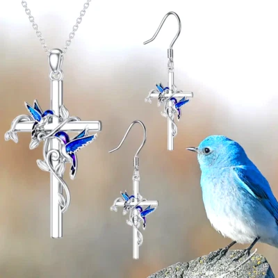 Set of 3 Fashion Silvery Cross Blue Hummingbird Pendant Necklace Earrings Women - Image 1 of 4