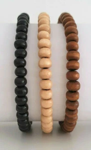 Set of 3 Mens Wooden Bead Tribal / Surfer Elastic Bracelet - Black White Brown - Picture 1 of 12