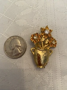 Vintage Goldtone FLOWER POT w 3 Flowers Rhinestones & Amber Stones - Picture 1 of 2