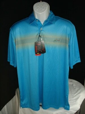 NEW GREG NORMAN 2-TONE BLUE/YELLOW GEO DESIGN 100% POLY S/S POLO SHIRT L NO LOGO - Image 1 of 4