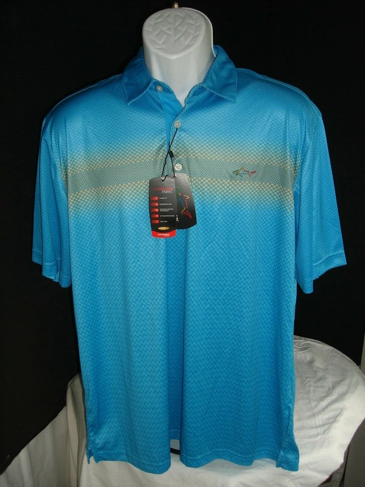 NEW GREG NORMAN 2-TONE BLUE/YELLOW GEO DESIGN 100% POLY S/S POLO SHIRT L NO LOGO - Image 1 of 4