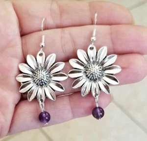 Silver Sunflower Earrings Womens Amethyst Earrings Sunflower Dangle Earrings - Picture 1 of 4