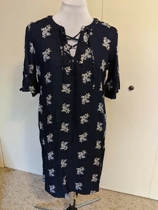 Old Navy Womens Shift Navy Blue With Floral Print Bell Sleeve Dress Medium - Picture 1 of 10