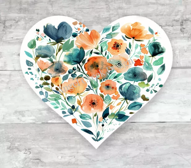 Watercolor Flowers Favors Heart Shaped Stickers Envelope Seals Heart Labels - Image 1 of 1