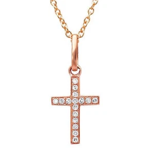 14K Rose Gold Diamond Cross Tiny Pendant Necklace Natural 0.06CT - Picture 1 of 5
