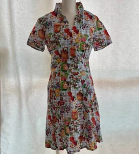 Womens Handmade Cotton Dress Size L 14 - Picnic Blue Check Jam Fruit - Picture 1 of 6