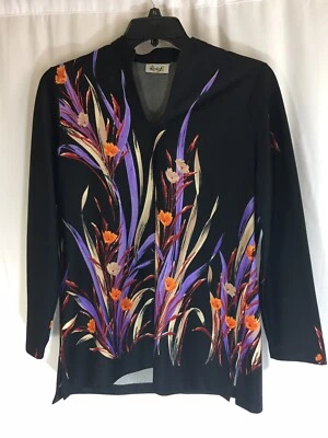 Vintage Rhoda Lee Women’s Shirt  V Neck Size S Black Floral 70’s - Image 1 of 4