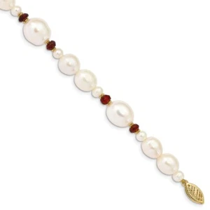 14k Yellow Gold White Freshwater Cultured Pearl Faceted 4.0 Garnet Bead Bracelet - Picture 1 of 2