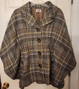 Jolt Cape Beige Plaid Big Buttons Cinch Waist Fully Lined Poncho Size XL - Picture 1 of 14