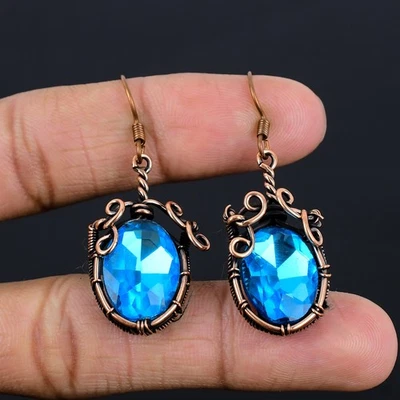 Pendientes de joyería envolventes de alambre de cobre con piedras preciosas hechas a mano de topacio azul regalo para amor Foto 1 de 4