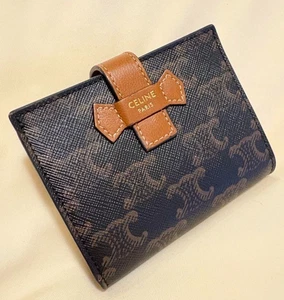 Celine Triomphe Medium Bifold Strap Compact Wallet Dark Brown PVC Leather w/Box - Picture 1 of 7