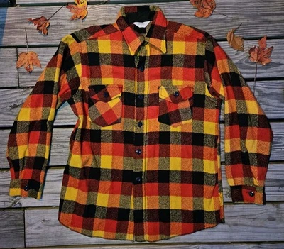 Camisa de franela abotonada a cuadros de lana a prueba de heladas vintage años 70 talla 16 amarillo rojo otoño Foto 1 de 4