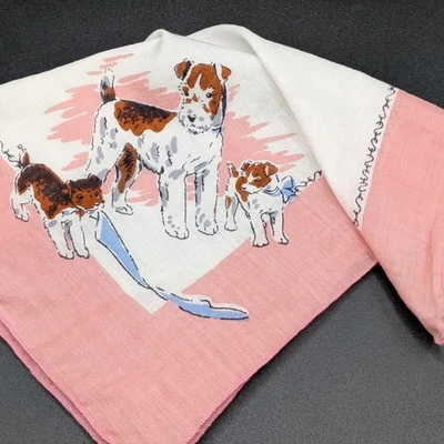 Lenço vintage anos 50 fio Fox Terrier cachorro cachorro algodão rosa novidade estampa lenço - Imagem 1 de 4