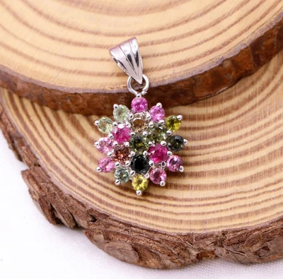 Multi Tormalina Fiore Grappolo 925 Argento Sterling Fatto a Mano Ciondolo Per - Immagine 1 di 4