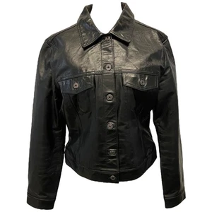 Chaqueta de camionero vintage GAP Fall 2000 de cuero negra con botones para mujer M/L - Imagen 1 de 20