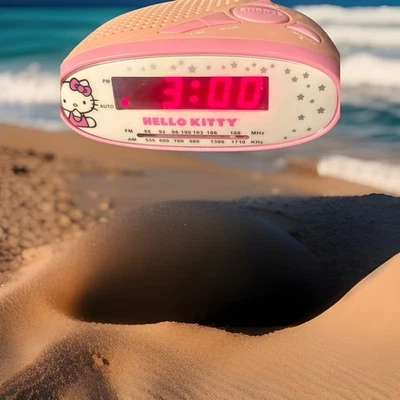 Relógio despertador Hello Kitty rádio AM FM rosa e branco com auxiliar KT2051 testado/funcionando - Imagem 1 de 4