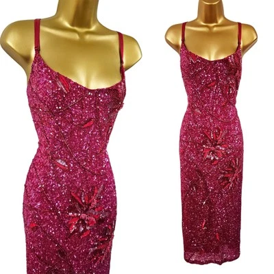UK 14 KAREN MILLEN Vintage Bright Red Sequin Beaded Power Flower Bodycon Dress - Image 1 of 4