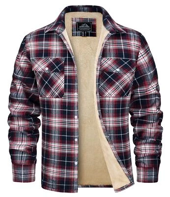 Men's Sherpa Coats Flannel Plaid Print Shirts Fleece Lapel Casual Work Jacket US - Image 1 of 4