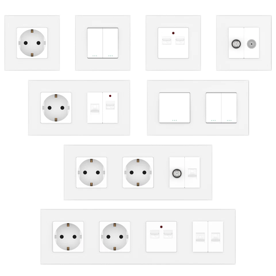 Glas Lichtschalter Steckdose, Wechselschalter, Dimmer, Türklingel, TV, USB, uvm. - Bild 1 von 4