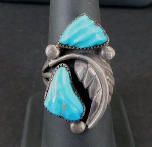 Ring Sterling Vintage Turquoise Stones Flower Leaf 925 Silver Ring Size 7 - Picture 1 of 4