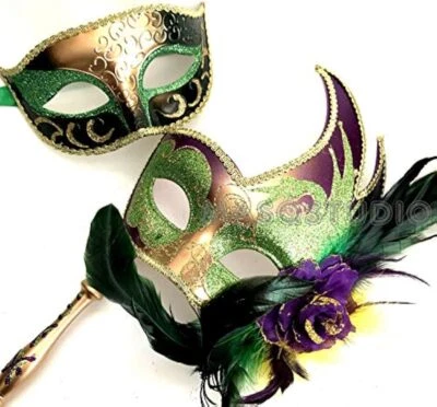 Mardi Gras Masquerade Handle Stick Mask Ostrich Feather Dress up Party Carnival - Image 1 of 2