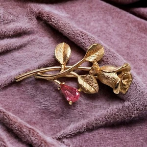 Vintage AVON Guilded Rose Brosche Anstecknadel 2" rosa Stein goldfarben Valentinstag Geschenk - Bild 1 von 7