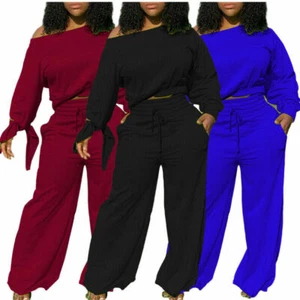 NEW Fashion Long Sleeves Solid Color Patchwork Casual Pants Set Outfits Women - Picture 1 of 15