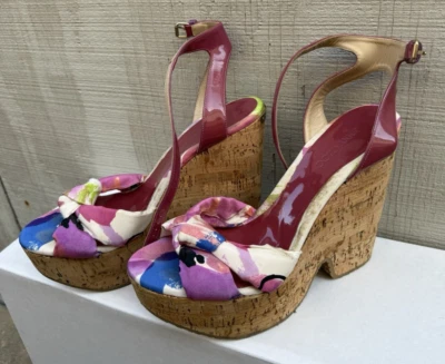 Raro Jimmy Choo Zapatos de Tacón de Corcho Plataforma Corcho Cuña Rojo Charol Tela 40 Foto 1 de 4