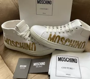Moschino High top White Canvas With Gold Logo Sneakers Size 5 - Picture 1 of 8
